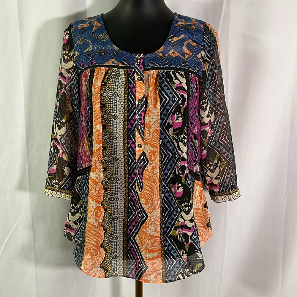 Anthropologie Vanessa Virginia Colorful Mixed Print Embroidered Blouse